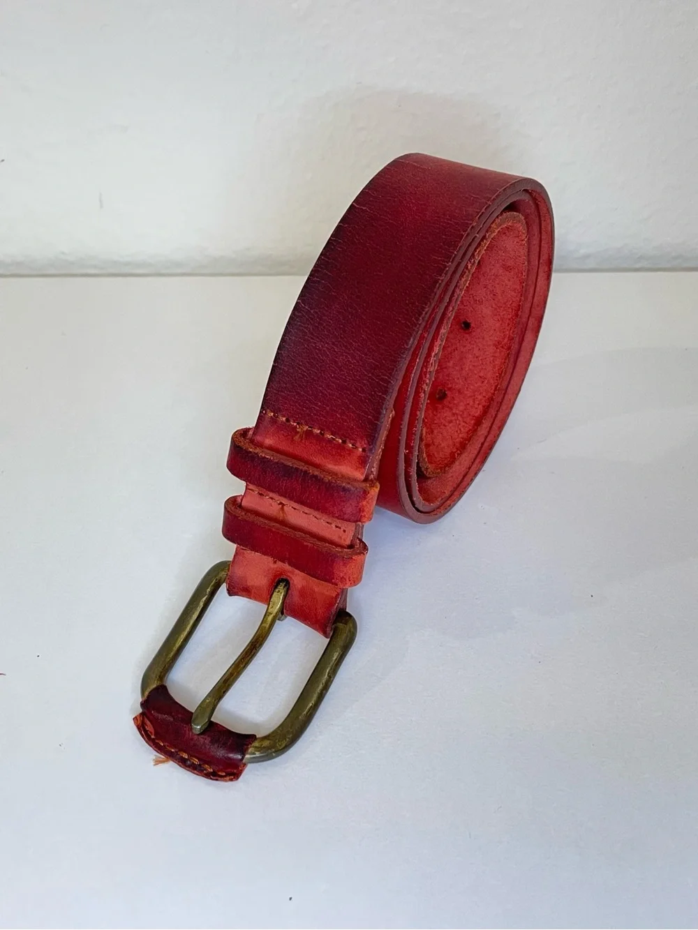 Vintage Men's Red Leather Belt with‎ Antique Brass Buckle Size M